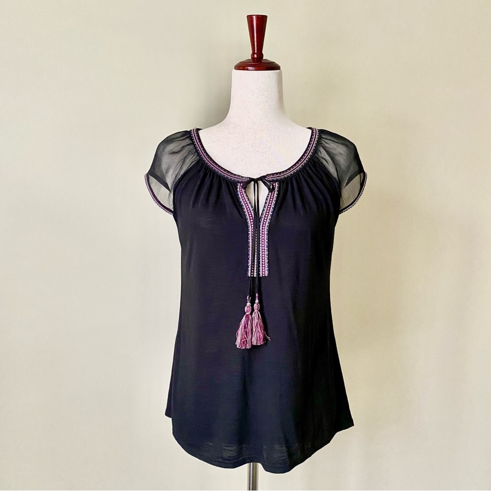 WHBM Top Black with Tassel Tie and Sheer Cap Sleeve Size S